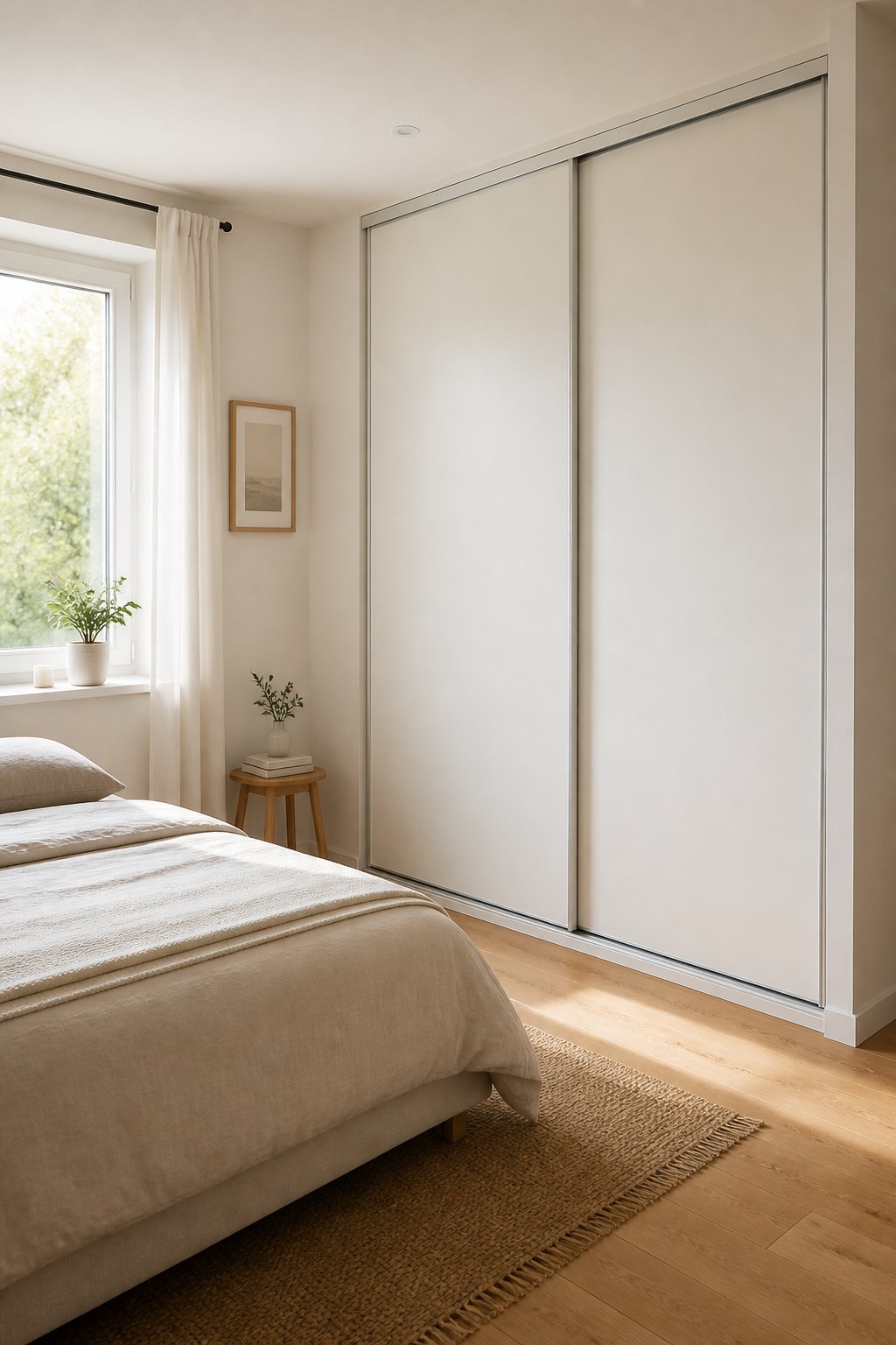A compact bedroom with a white sliding-door wardrobe beside a neatly made bed.