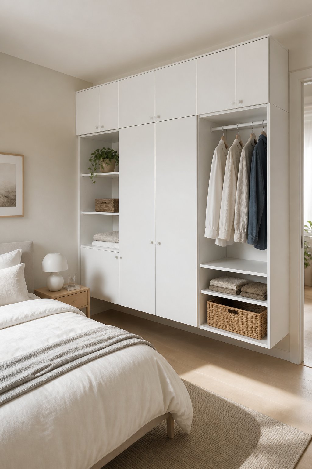 A compact bedroom with a wall-mounted white wardrobe system and neatly arranged furnishings.
