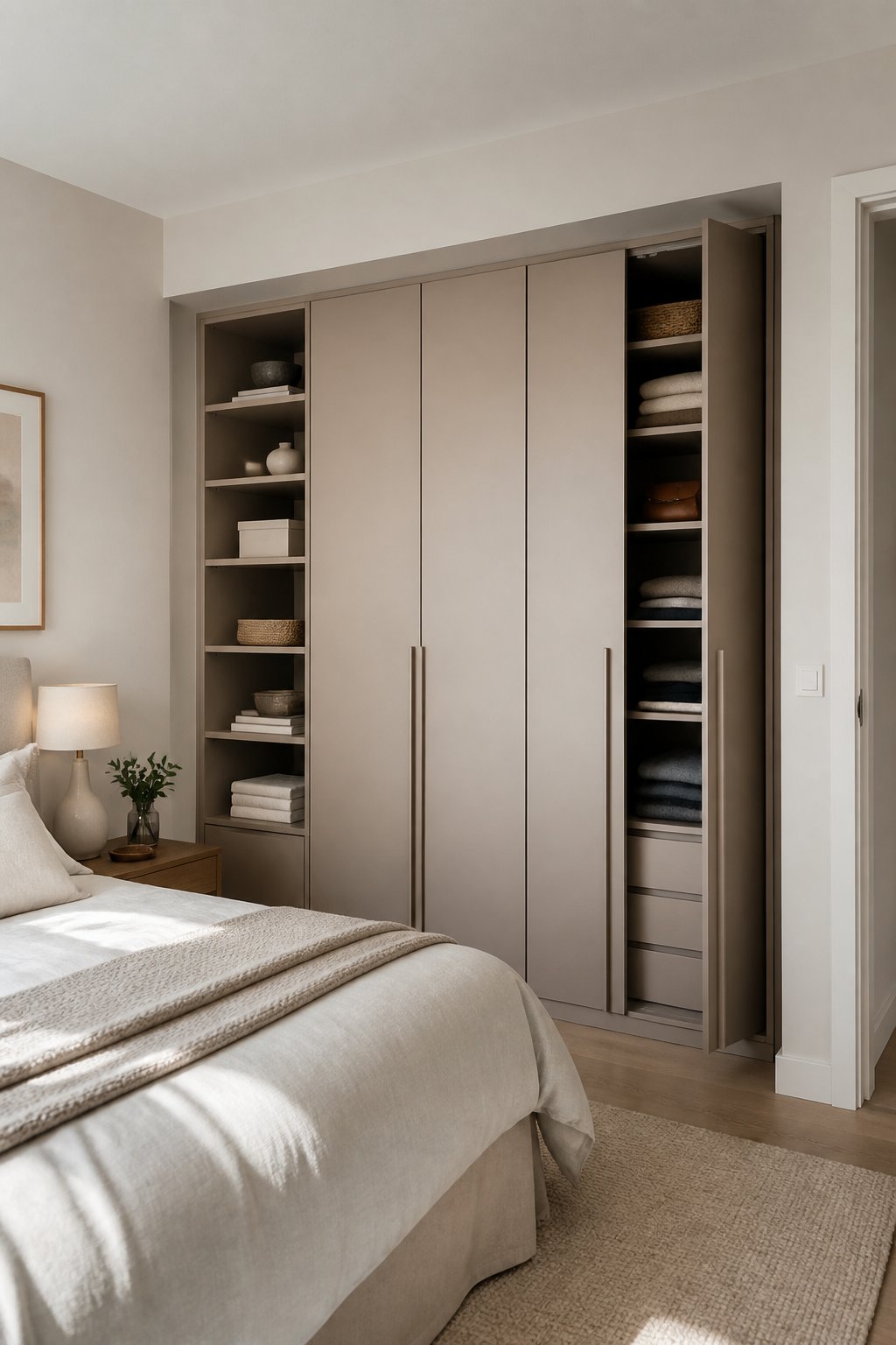 A small bedroom with a built-in alcove wardrobe and custom shelving filled with neatly organized storage.