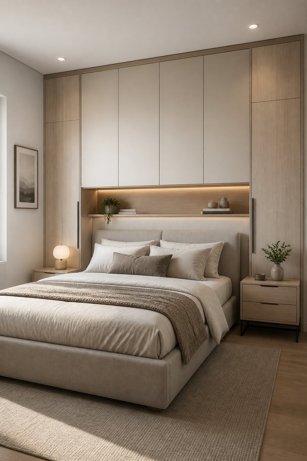 A small bedroom with a built-in wardrobe spanning the wall behind the bed.