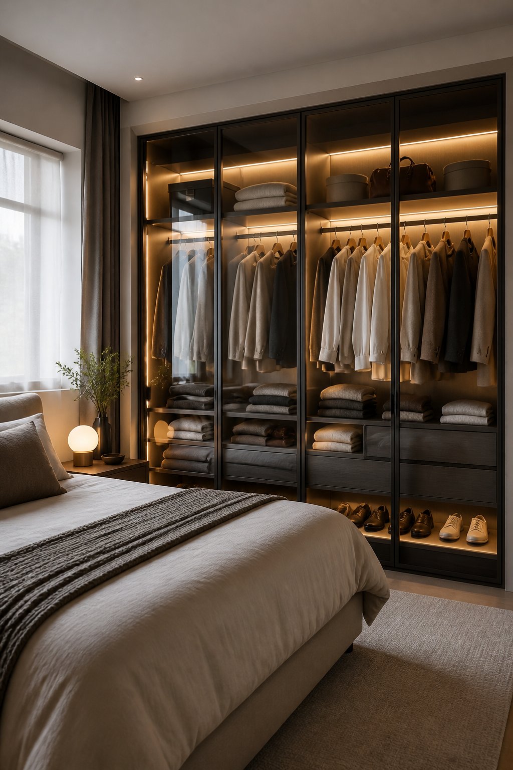 A small bedroom with a glass-front wardrobe illuminated by warm interior LED lighting.