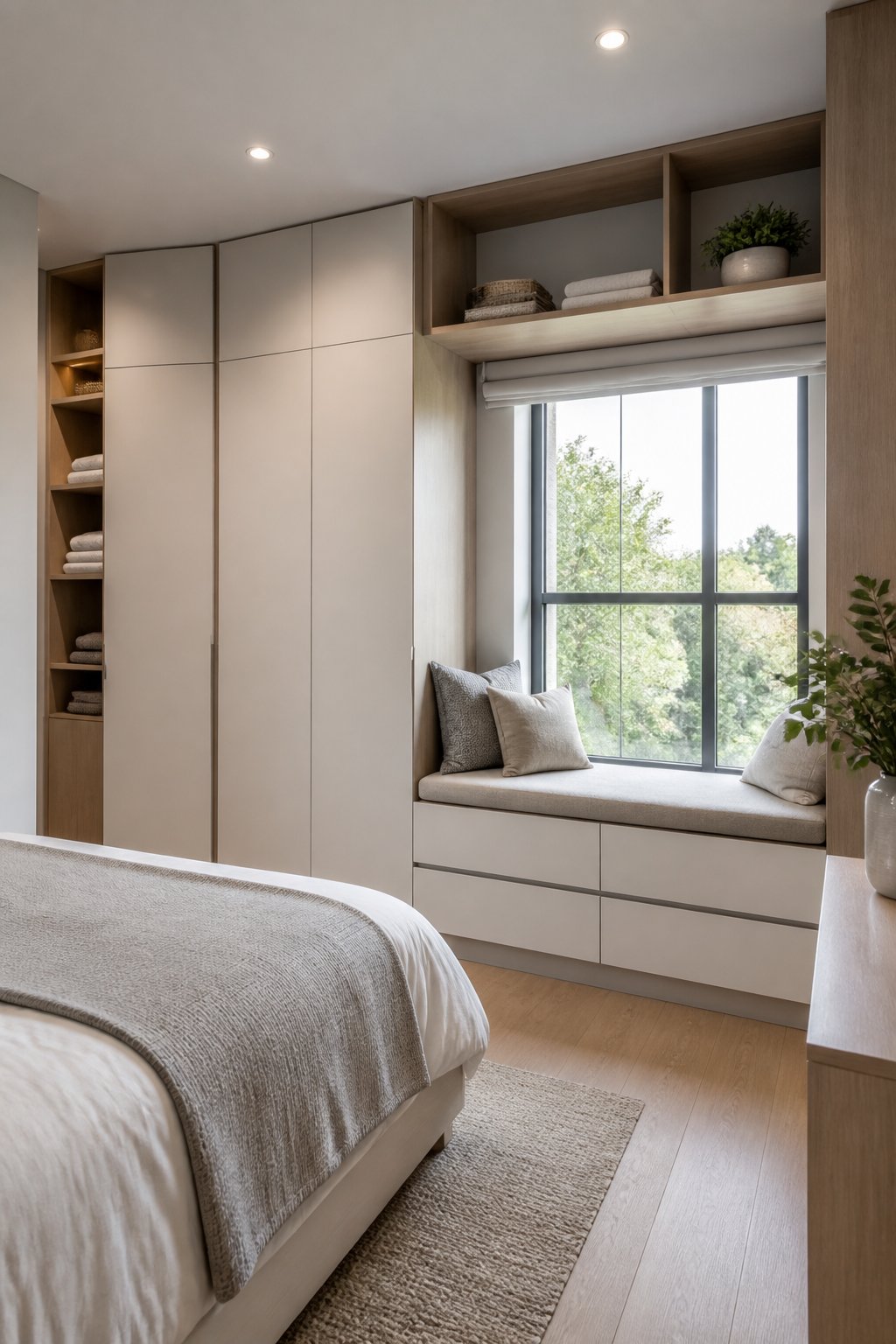 A small bedroom with a built-in wardrobe and drawer bench.