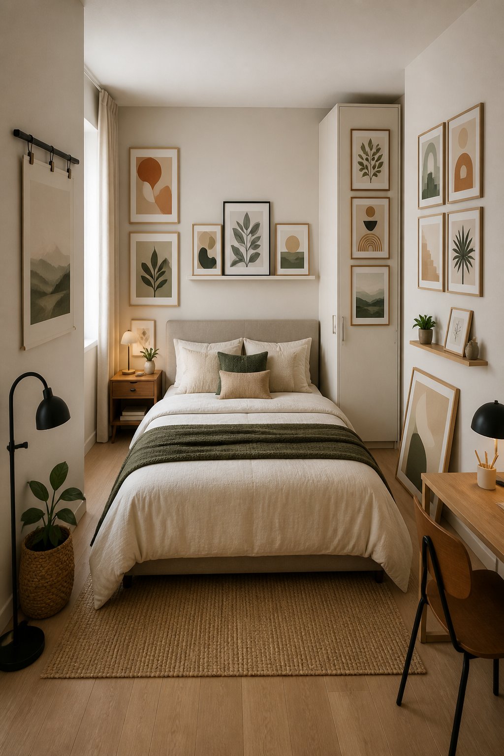 A small stylish bedroom displaying twelve different poster arrangement ideas on its walls.
