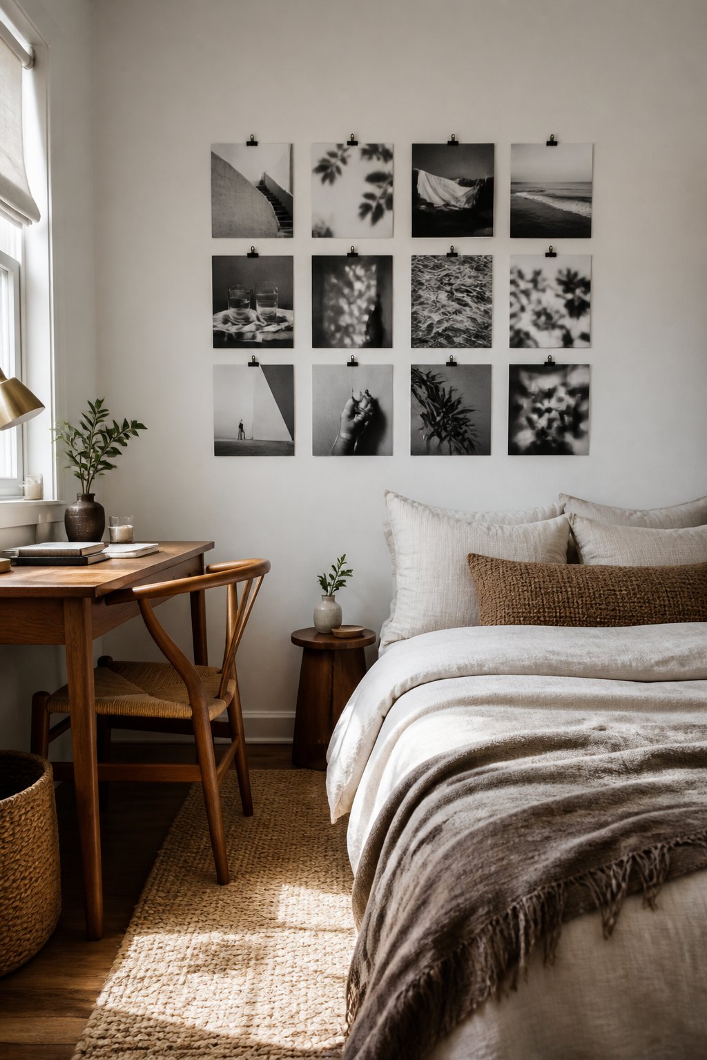 A small bedroom with a neat grid of black-and-white photo prints displayed above the bed.
