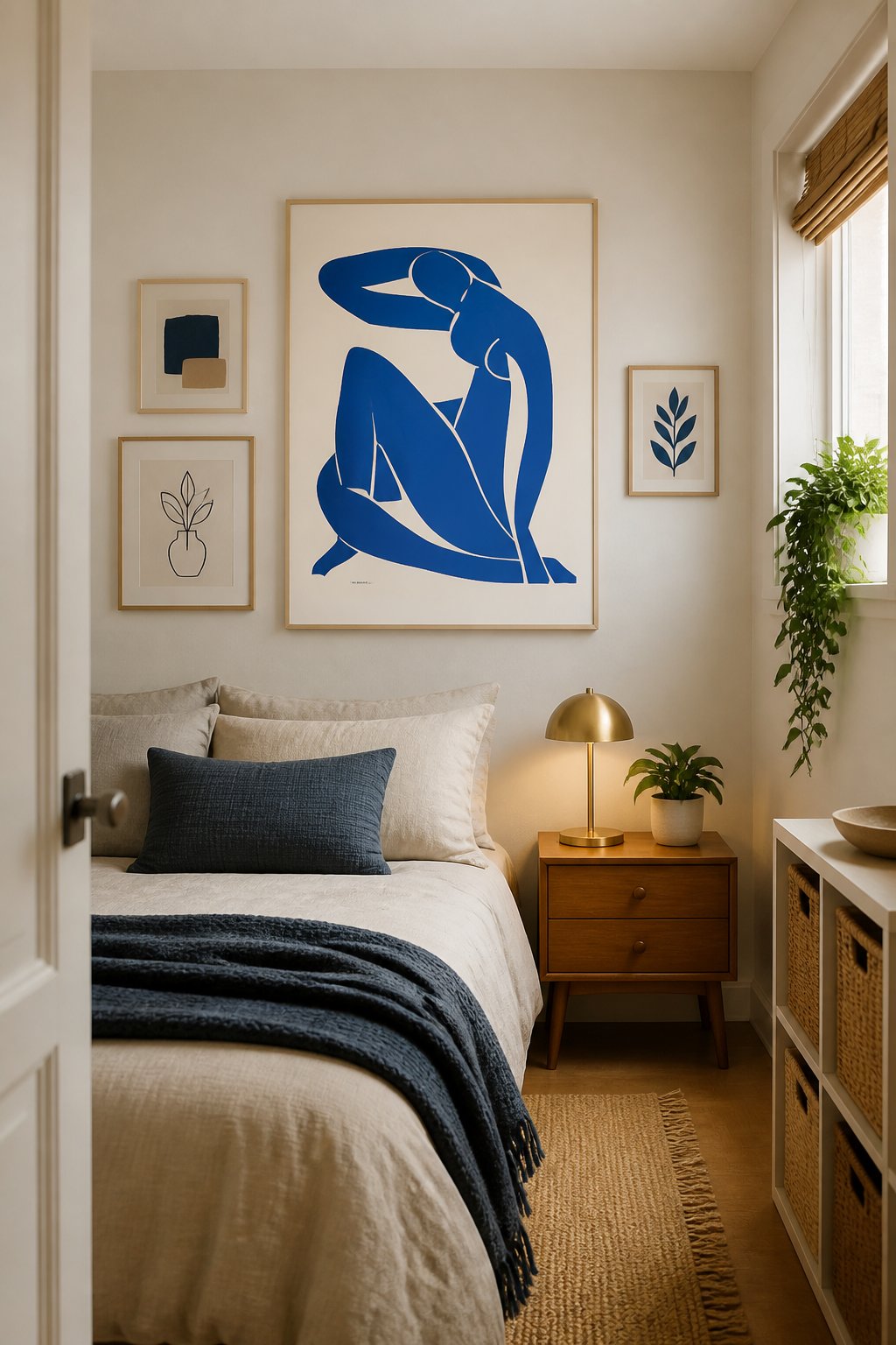 A small bedroom with a framed blue abstract nude figure artwork above a neatly made bed.