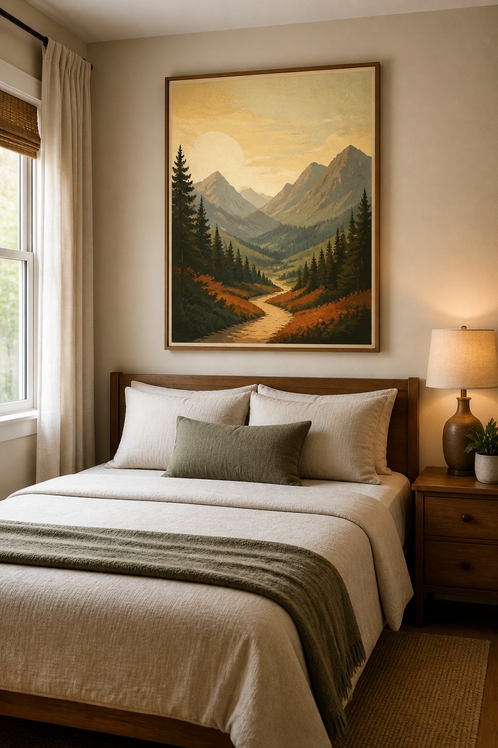 A small cozy bedroom with a vintage-style national park landscape poster above the bed.
