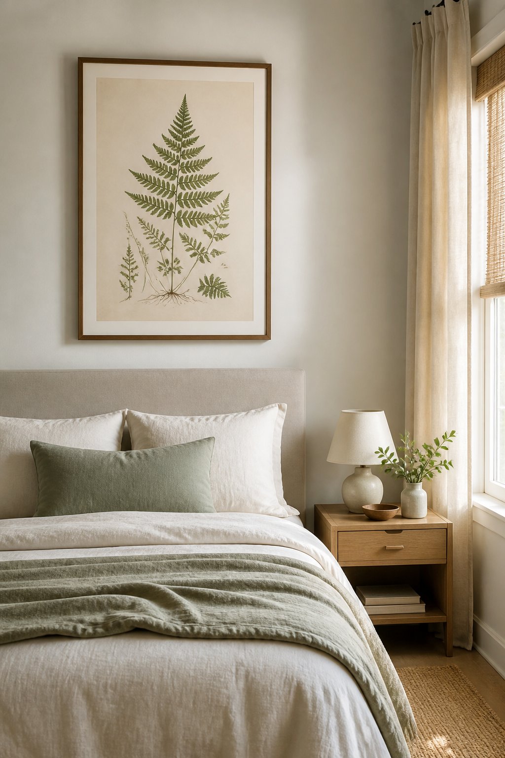 Small bedroom with a framed botanical fern print above the bed.