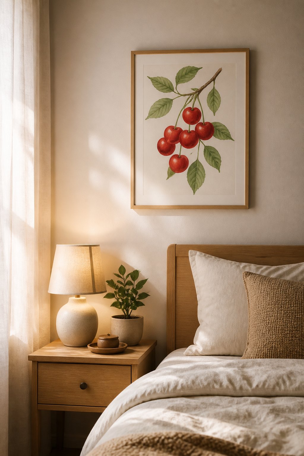 A framed watercolor cherry print hangs above a small nightstand beside a bed in a cozy bedroom.