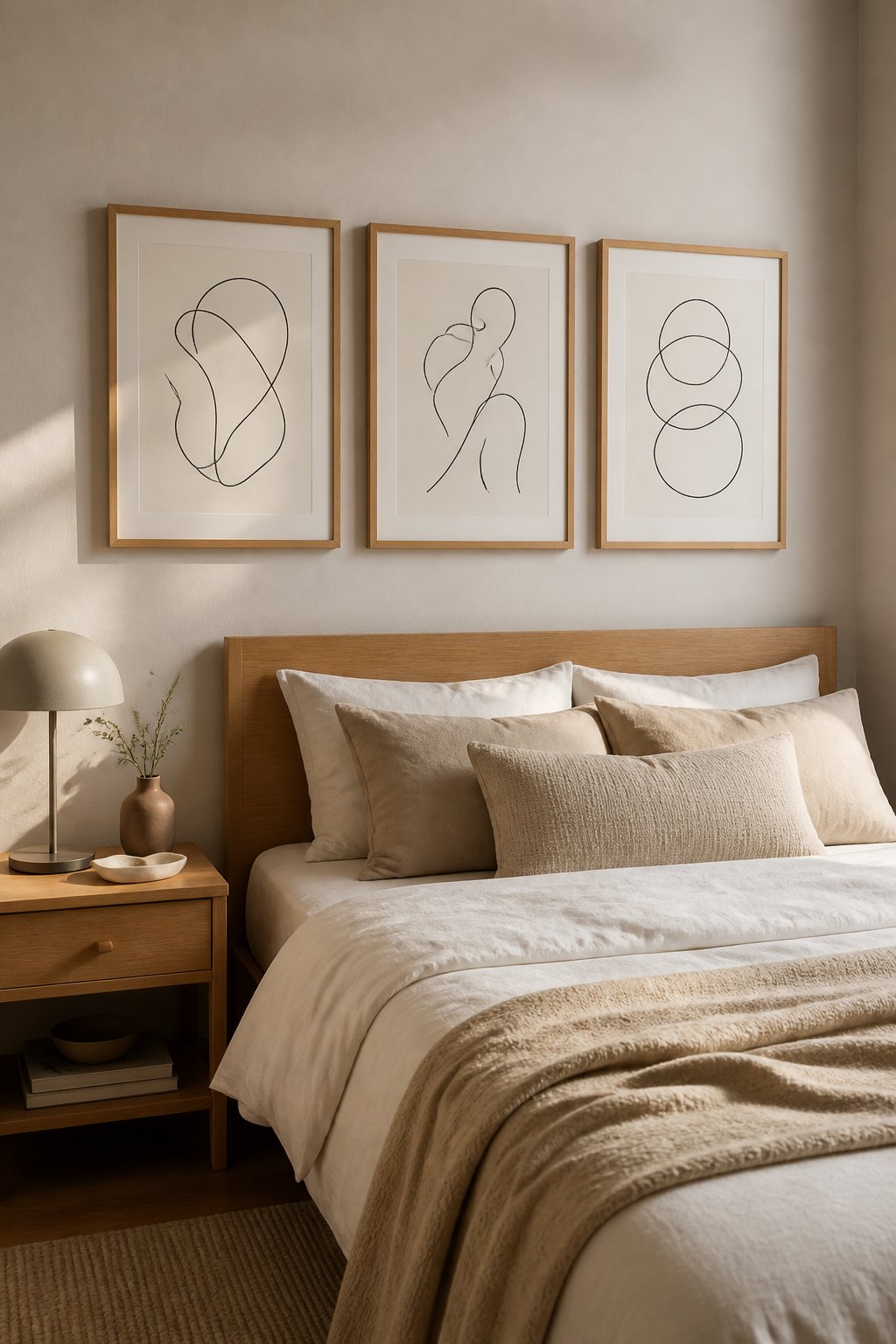 Small bedroom with three framed line-art prints arranged above a neatly made bed.