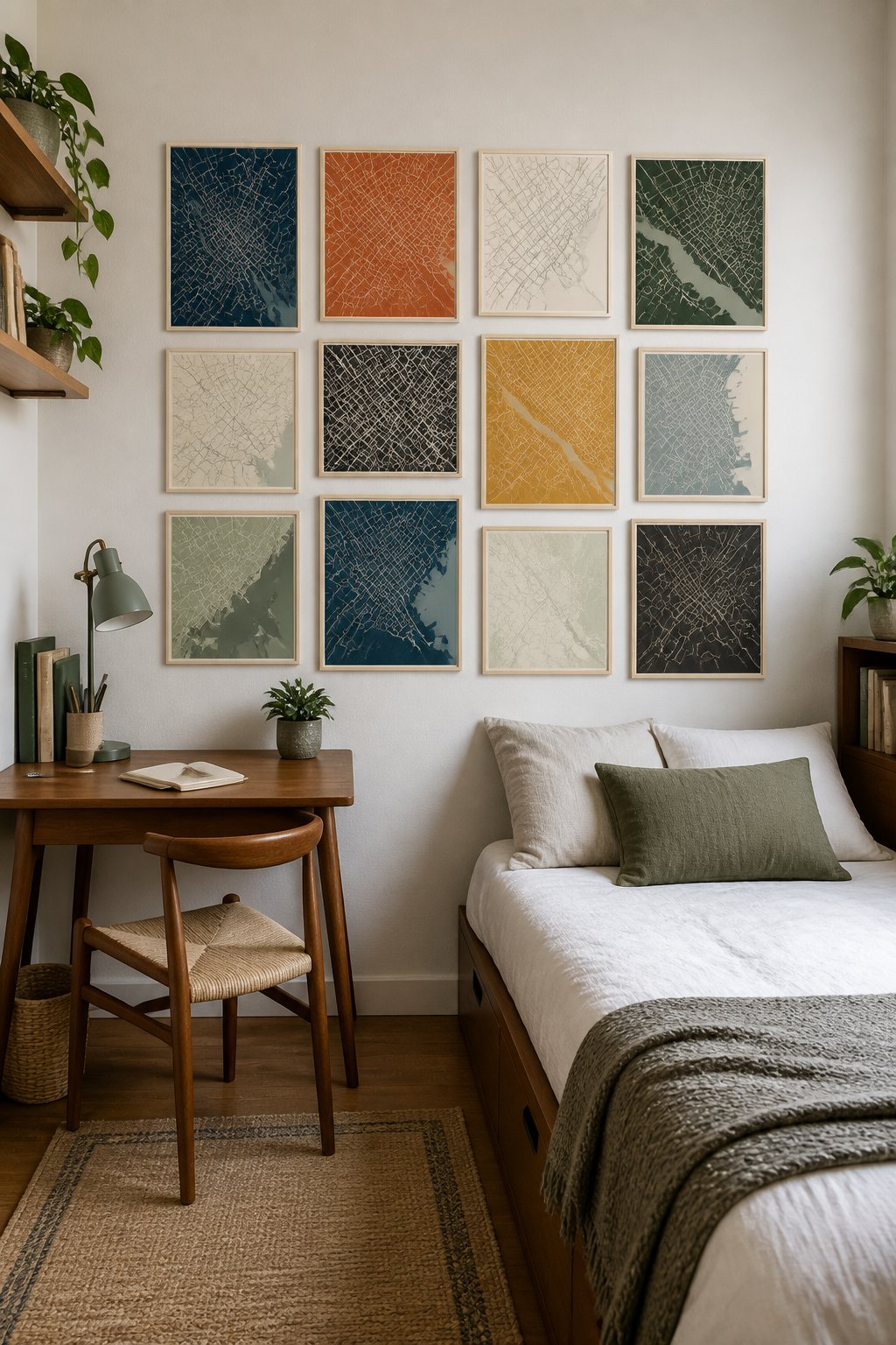A small bedroom with a neatly arranged gallery of colorful city map artworks above a compact desk.