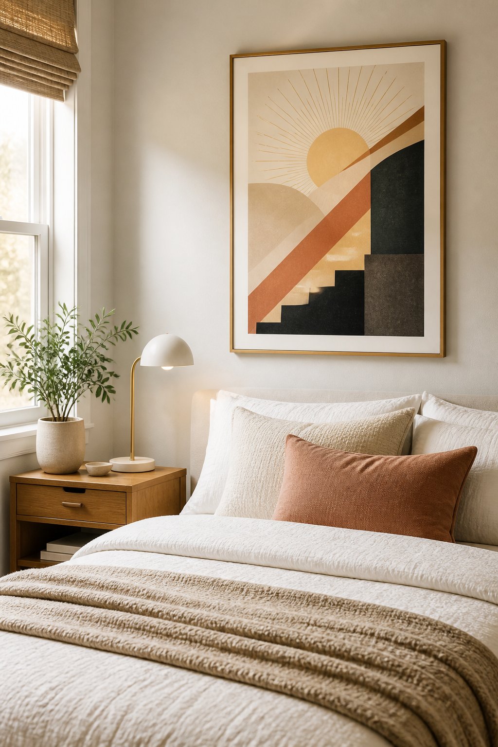 A small bright bedroom with a neatly made bed and an abstract framed wall print above it.