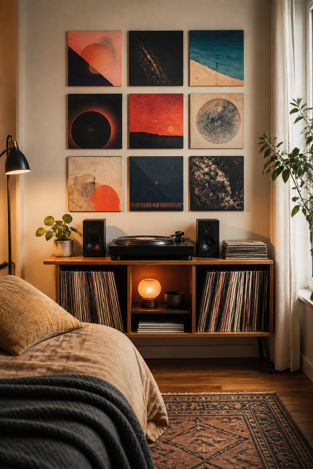 A small bedroom corner with a turntable, vinyl records, and colorful record sleeves displayed on the wall.