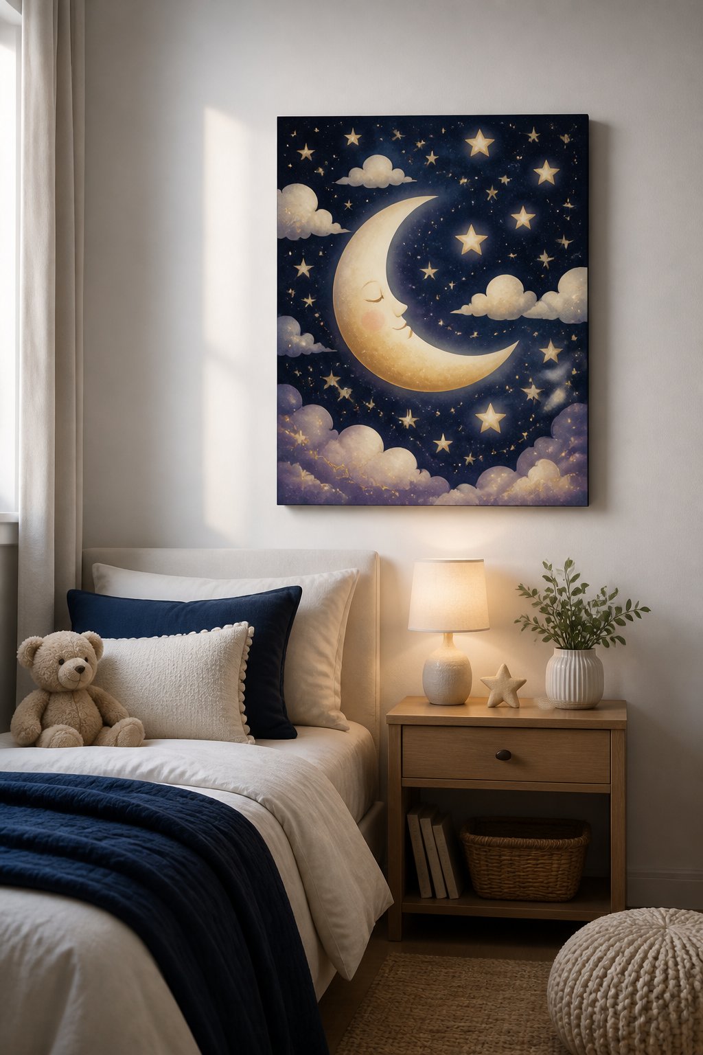 A crescent moon and stars wall print hangs above a neatly arranged bed in a cozy small bedroom.