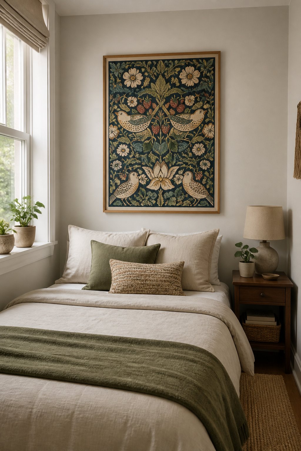 A small bedroom with a framed botanical bird-and-strawberry print above a neatly made bed.