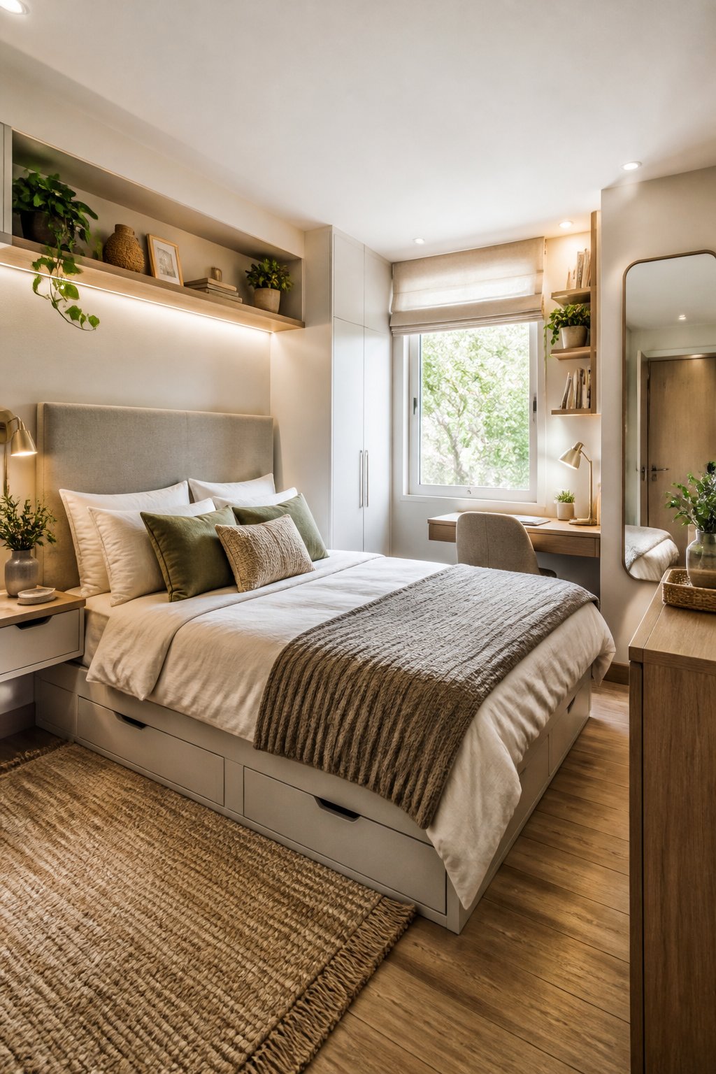 A compact adult bedroom with a neatly made bed, built-in storage, a small desk, and natural daylight.