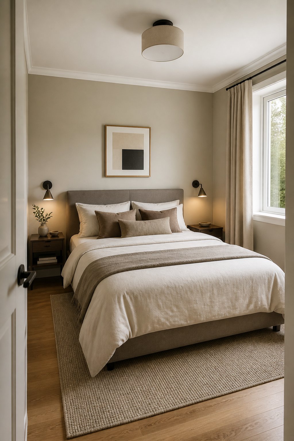 A small, tidy bedroom with a double bed placed along the longest uninterrupted wall.
