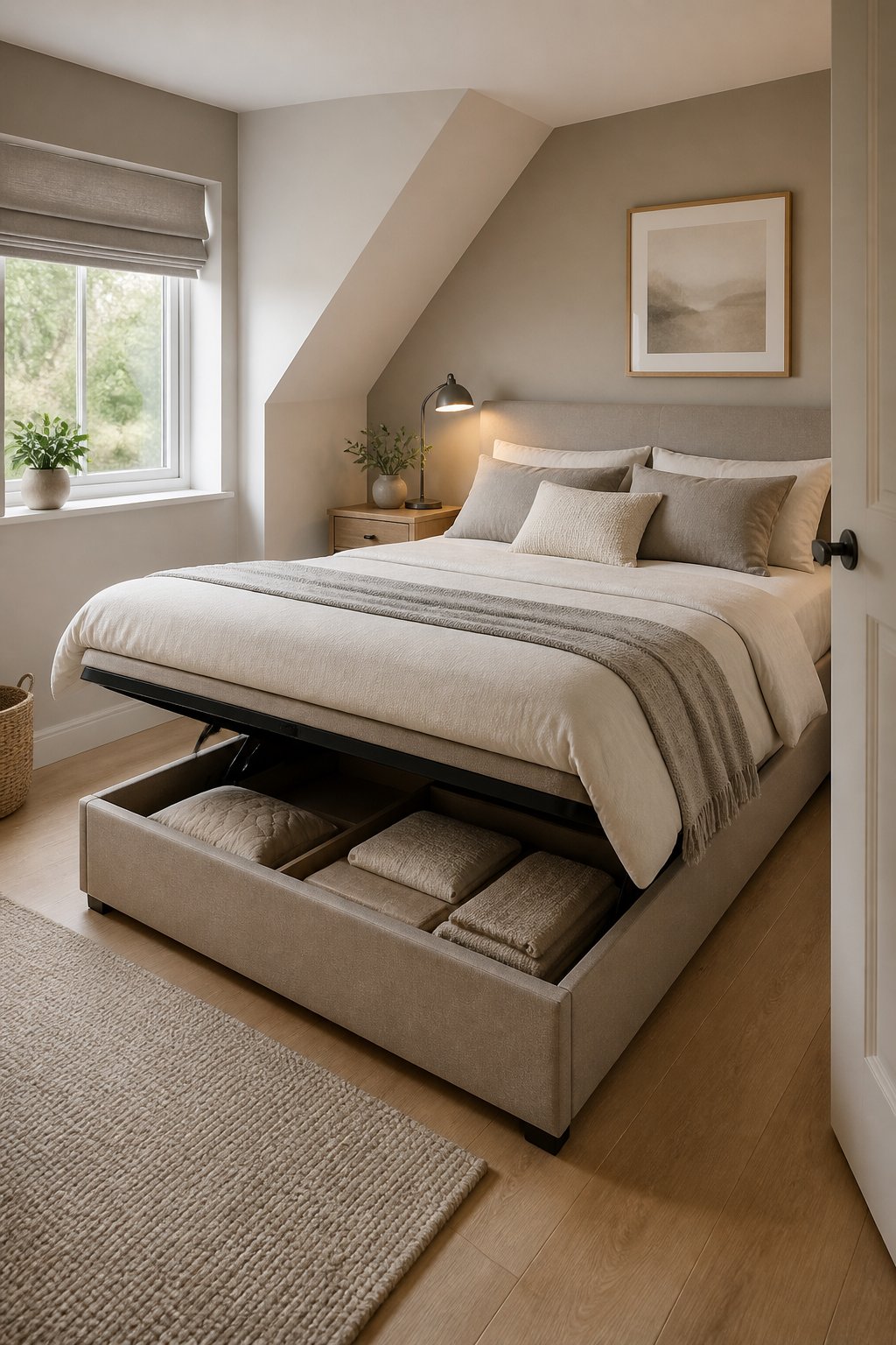 A compact adult bedroom with a neatly made bed featuring built-in under-bed storage.
