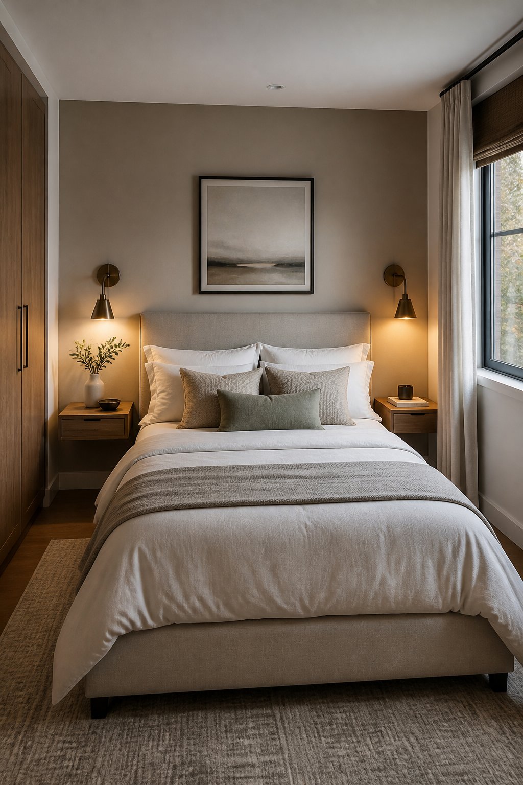 A small adult bedroom with two wall-mounted reading sconces beside a neatly made bed.