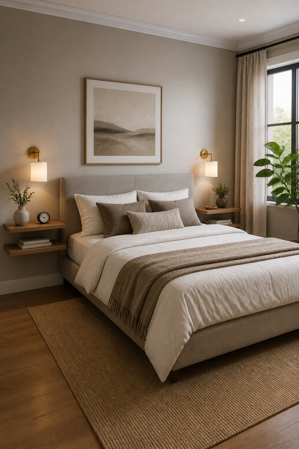 A small adult bedroom with floating shelves beside a neatly made bed instead of bulky nightstands.