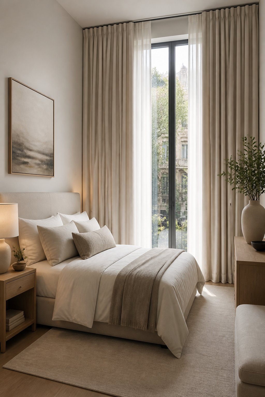 A small adult bedroom with floor-to-ceiling curtains framing a tall window beside a neatly made bed.