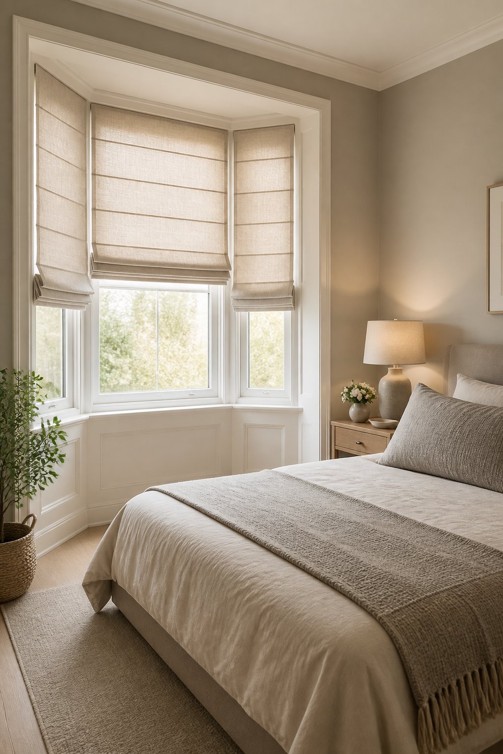 A compact adult bedroom with neutral Roman shades fitted inside a small bay window.