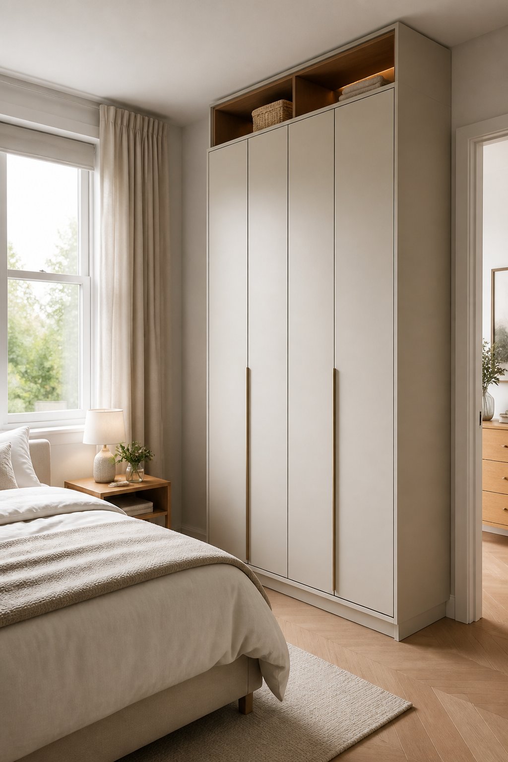 A compact adult bedroom with a tall, shallow wardrobe that uses vertical wall space.