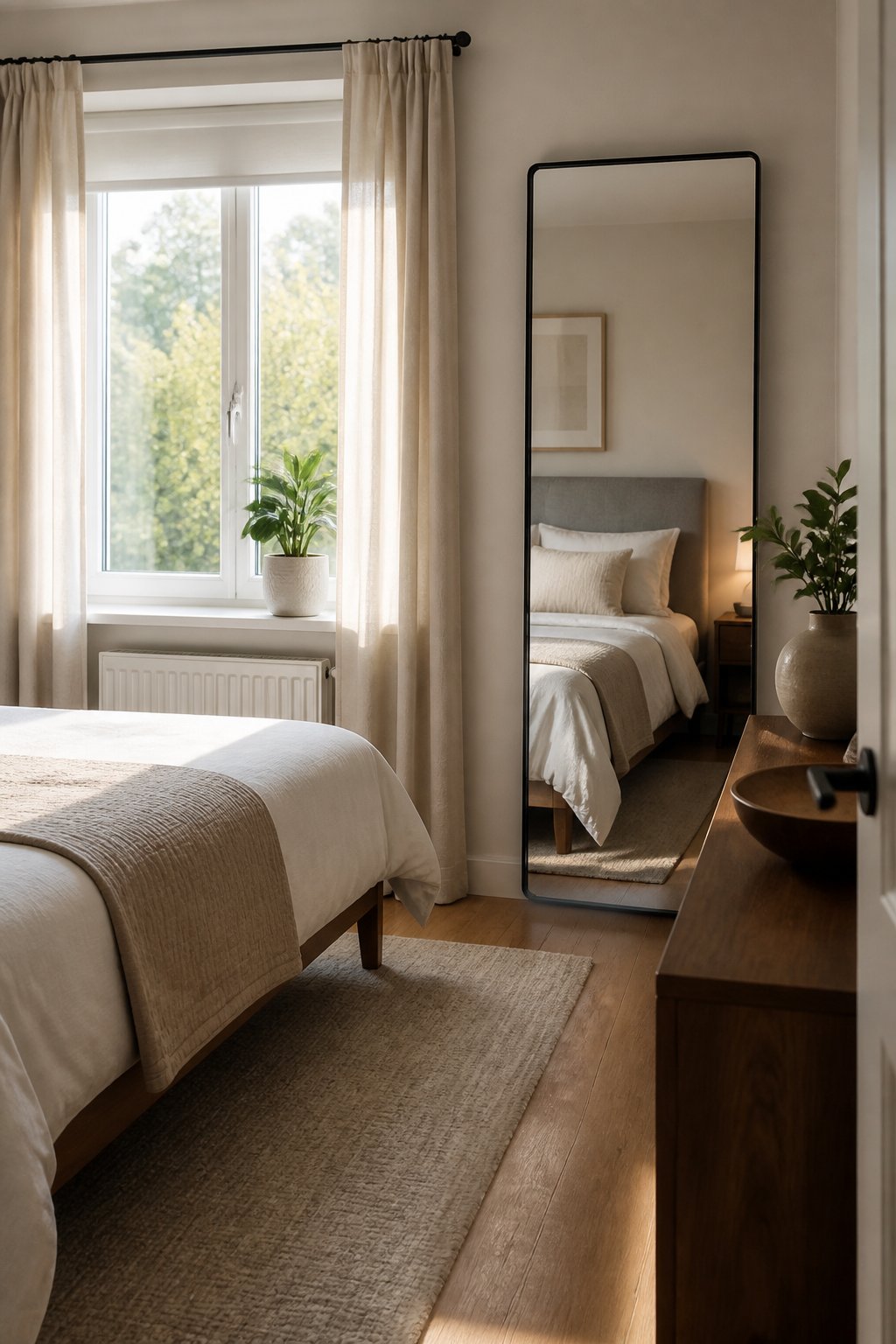 A small adult bedroom with a full-length mirror placed opposite a bright window.
