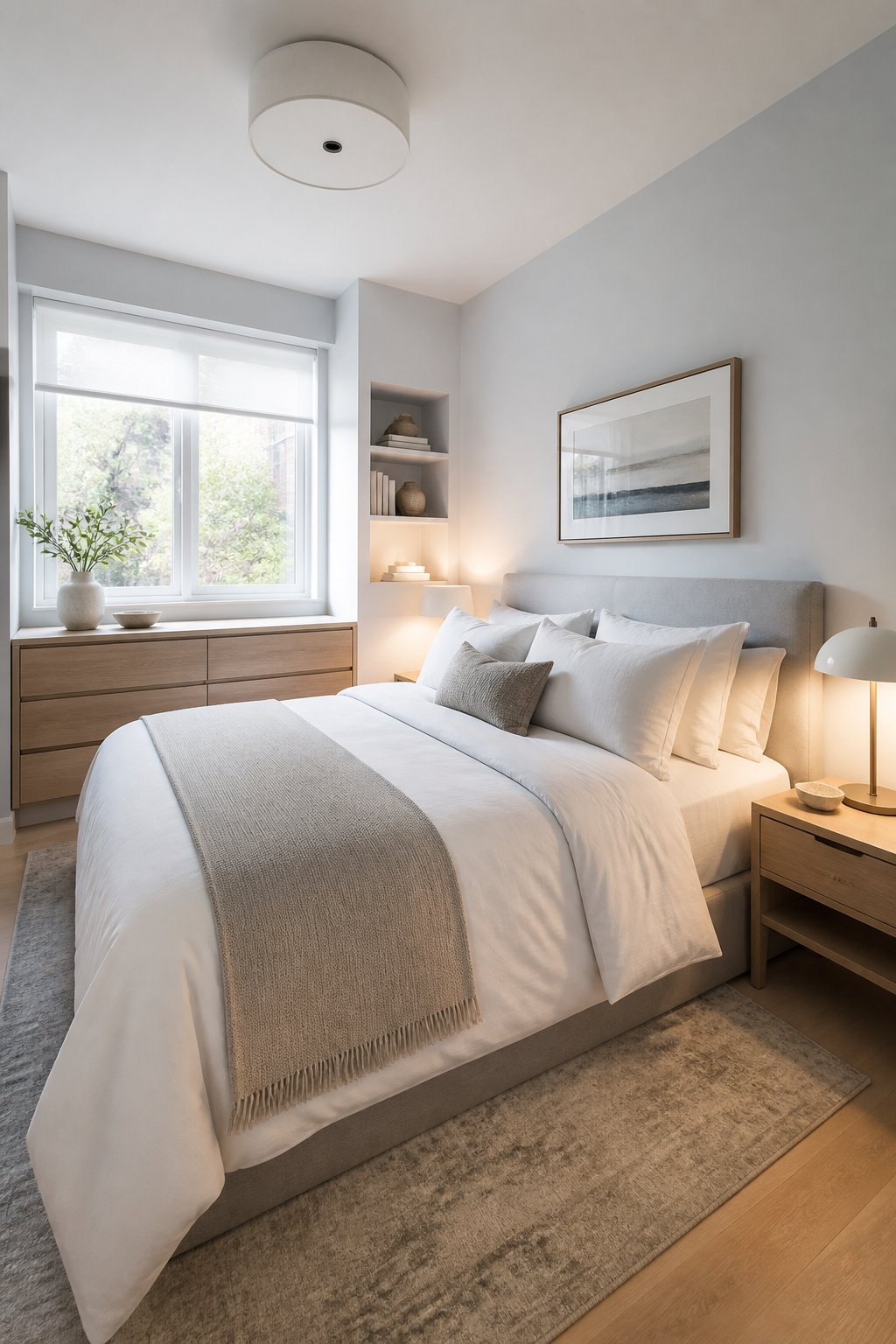 A small bright bedroom with pale walls, a neatly made bed, and simple modern furnishings.