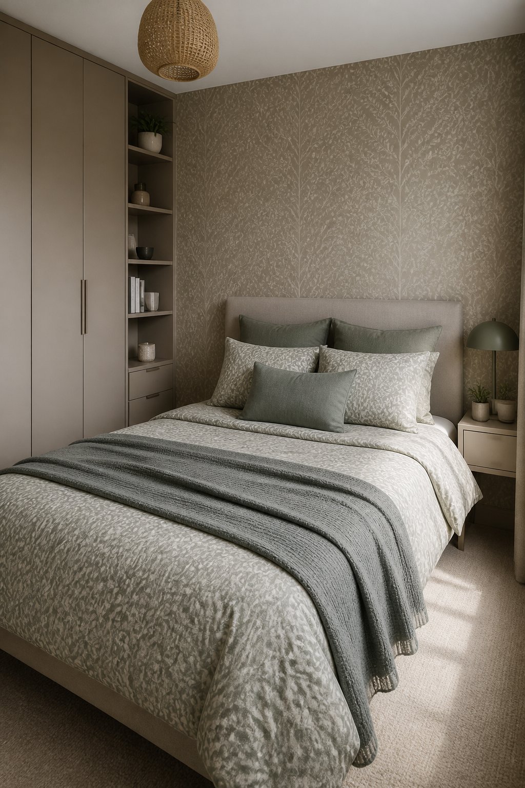 A small adult bedroom with a neatly made bed featuring tonal patterned bedding against a subtly patterned wallpapered wall.