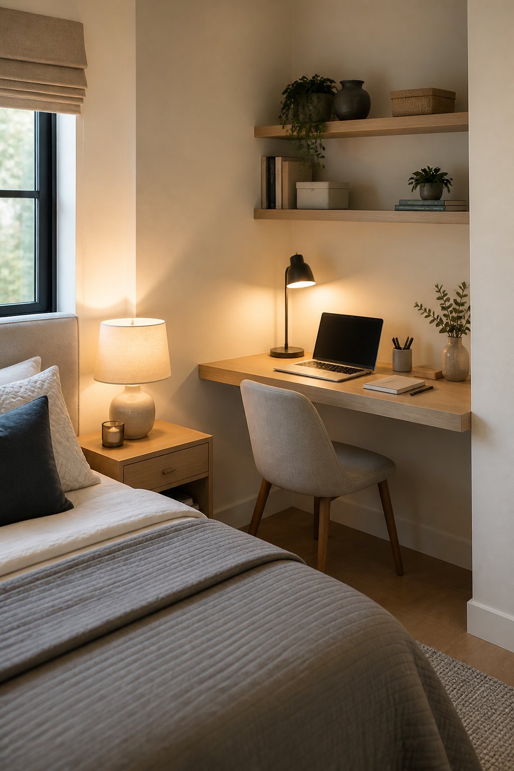 A small bedroom corner converted into a compact wall-mounted desk with a chair, laptop, and lamp.
