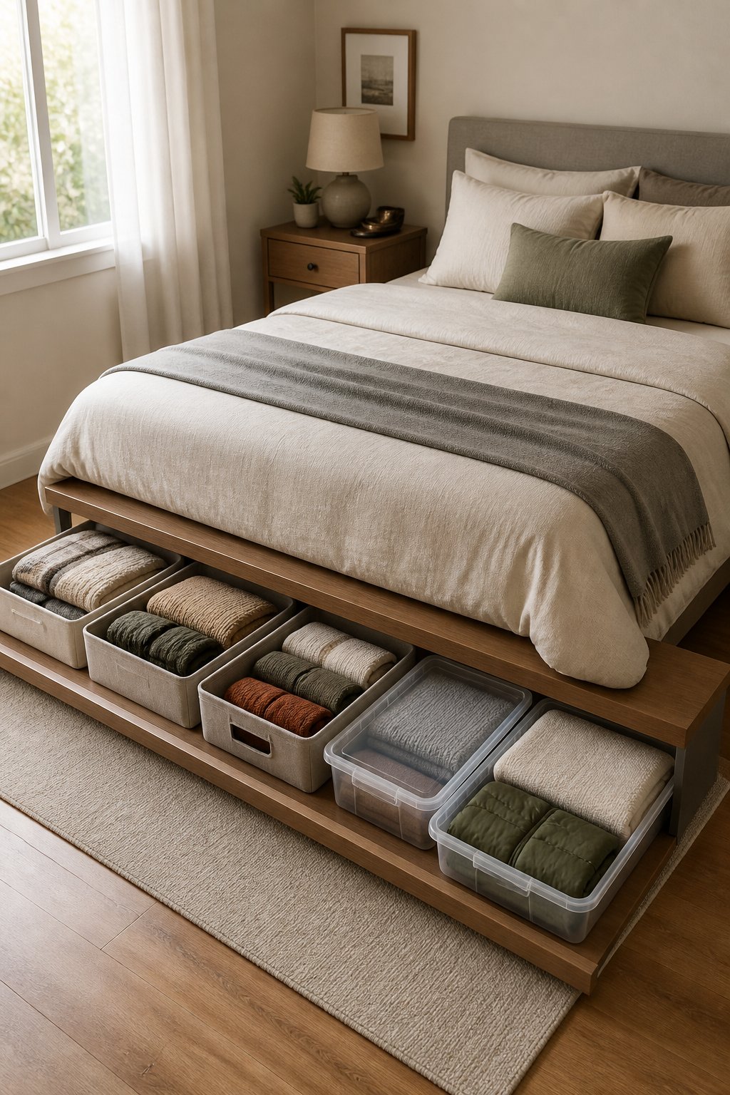 A small bedroom with neatly organized storage bins holding folded linens and seasonal clothing beneath the bed.