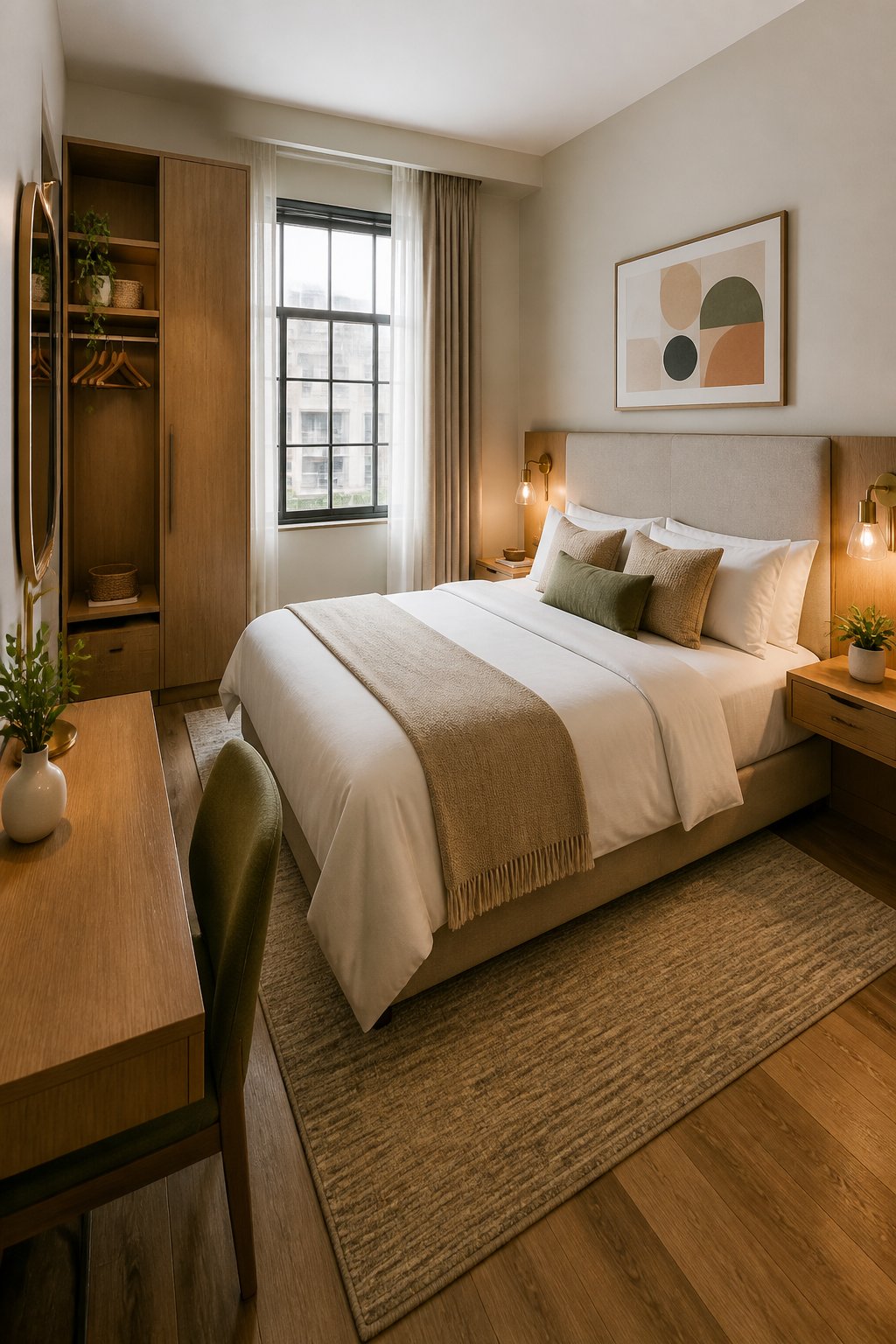 A small, elegant hotel-style bedroom with a neatly made bed, compact furniture, warm lighting, and organized decor.