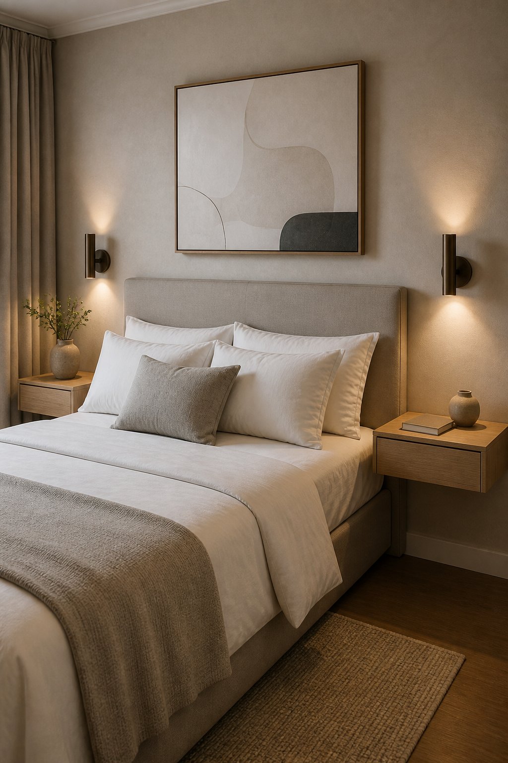 A small bedroom with a neatly made bed and two wall-mounted floating nightstands.