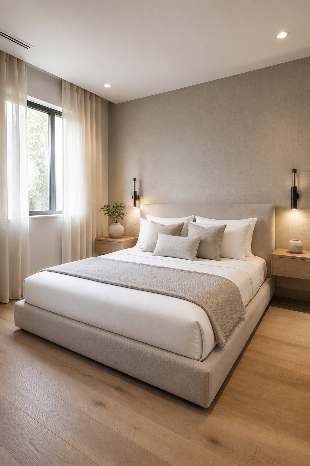 A small bedroom with a low upholstered platform bed, white bedding, compact nightstands, and soft natural lighting.