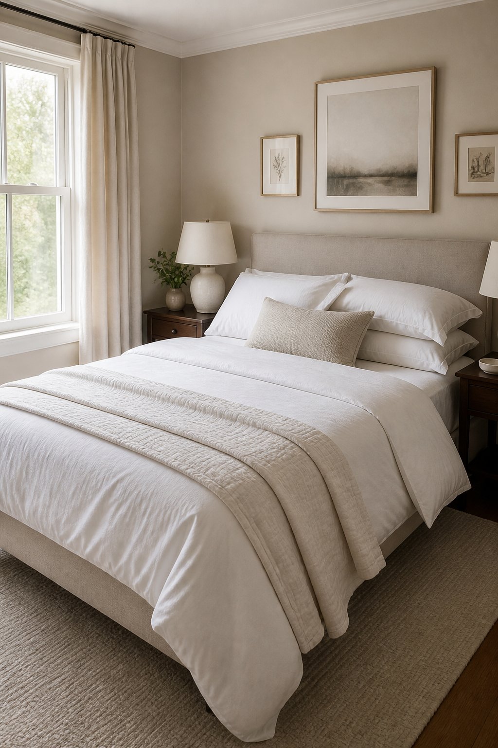 A small hotel-inspired bedroom with a neatly layered bed covered in white sheets, a duvet, and a folded coverlet.
