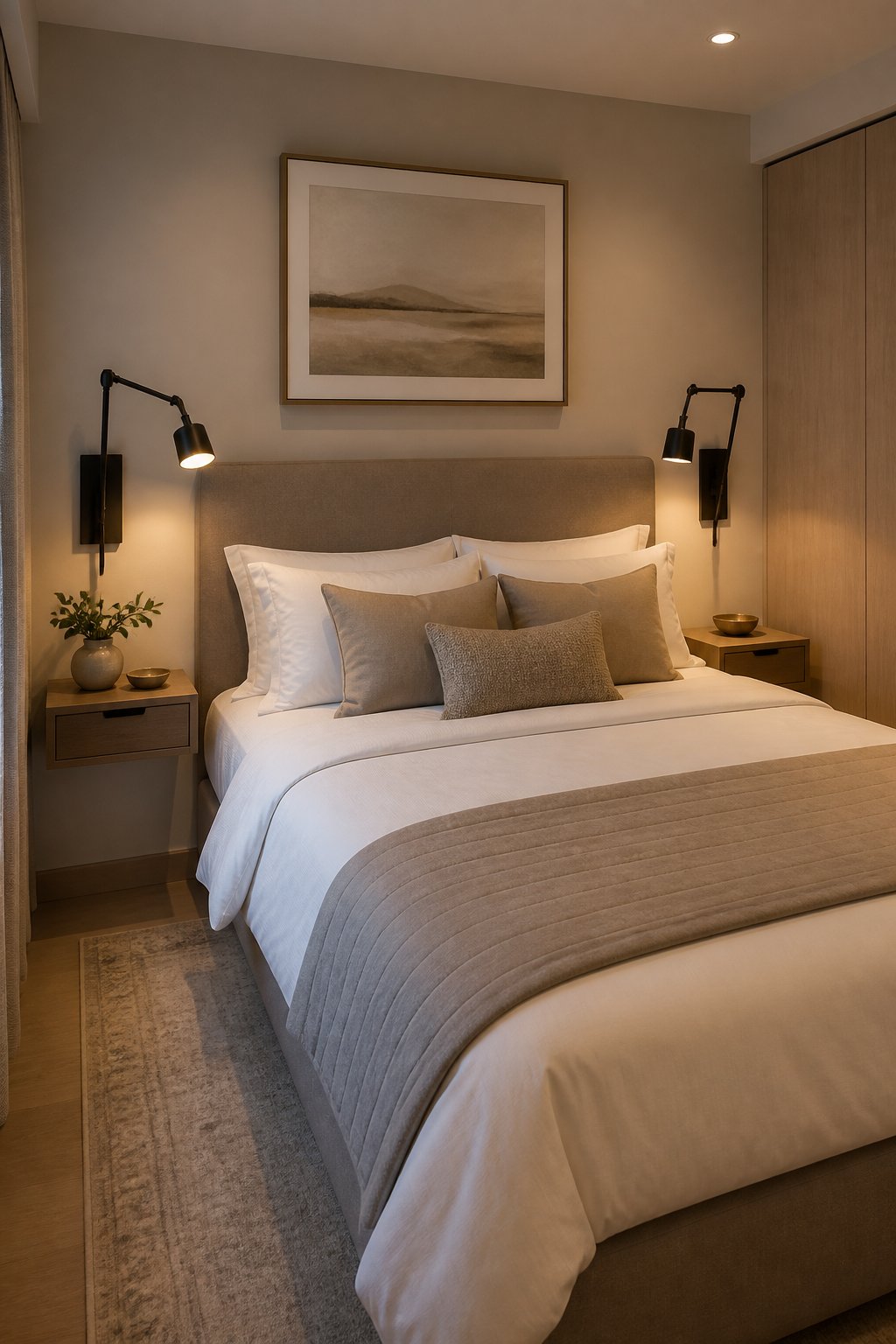 A small hotel-style bedroom with adjustable wall sconces mounted on both sides of the bed.