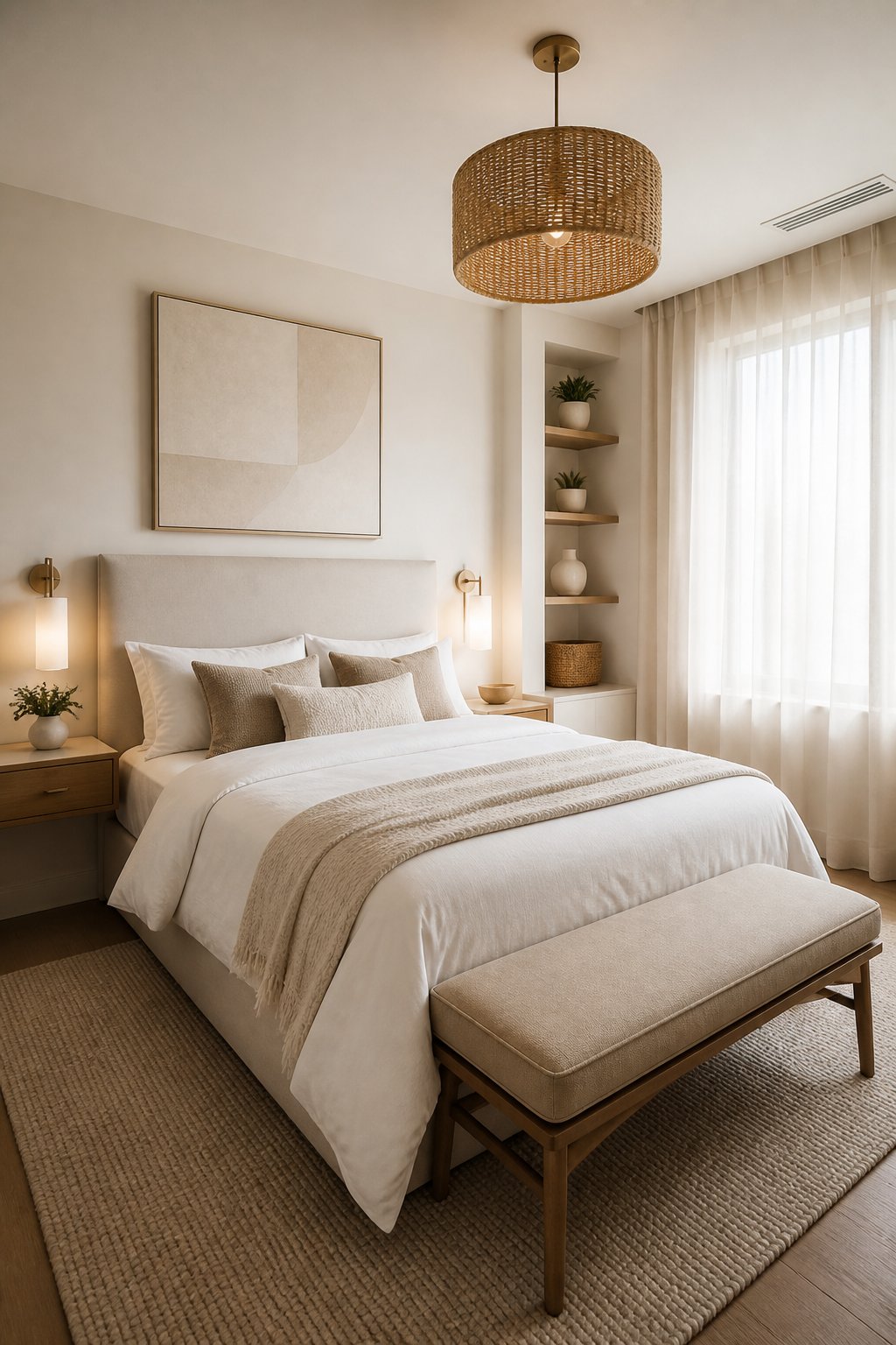 A small elegant bedroom with a neatly made bed, beige furnishings, soft lighting, and warm neutral decor.
