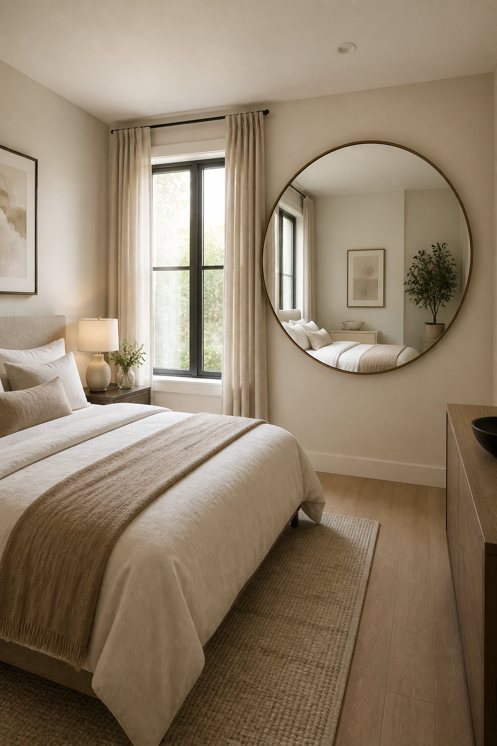 A small stylish bedroom with a large round mirror mounted opposite a bright window.