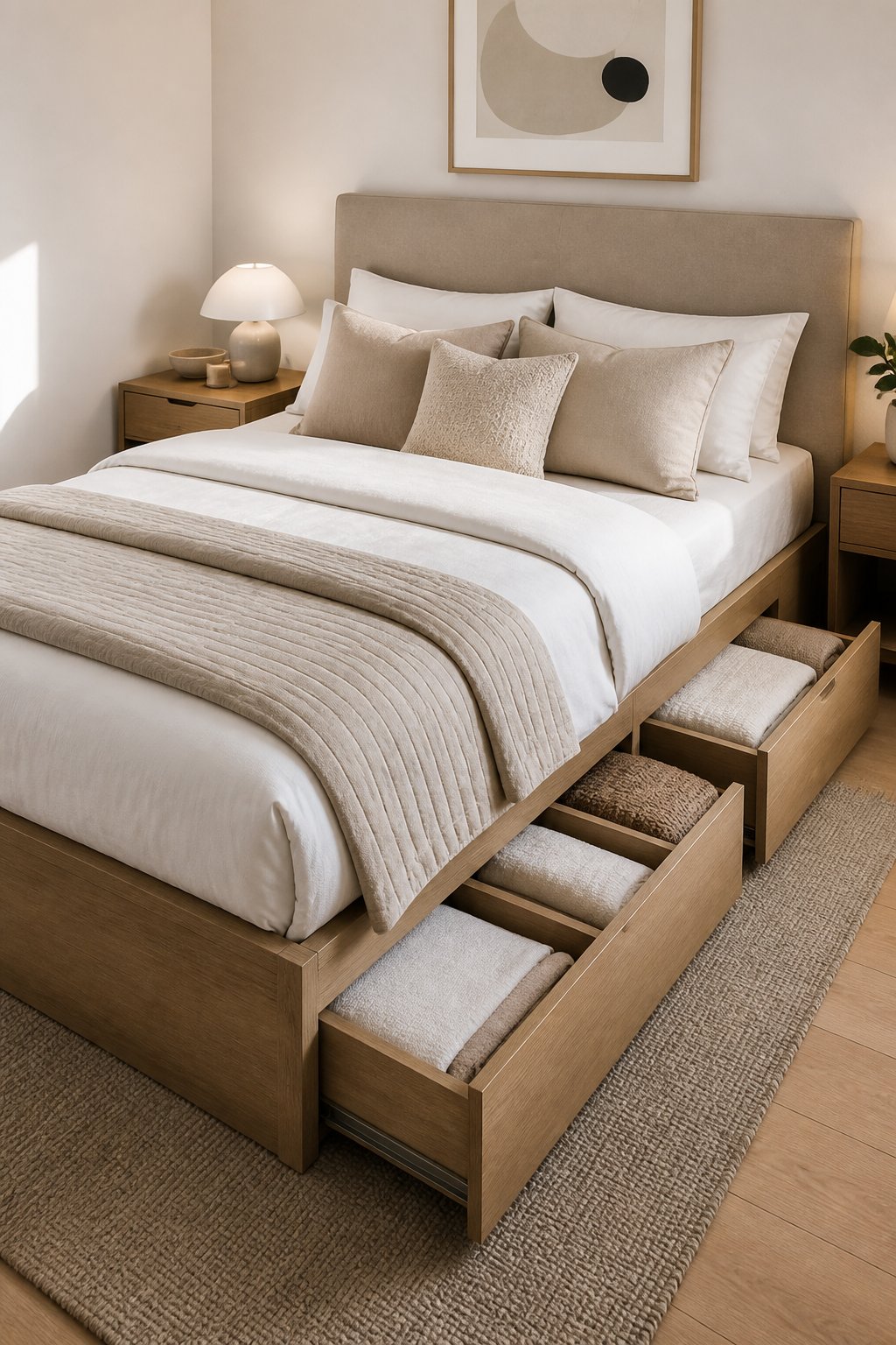 A small bedroom with a bed featuring built-in drawers filled with neatly folded linens.