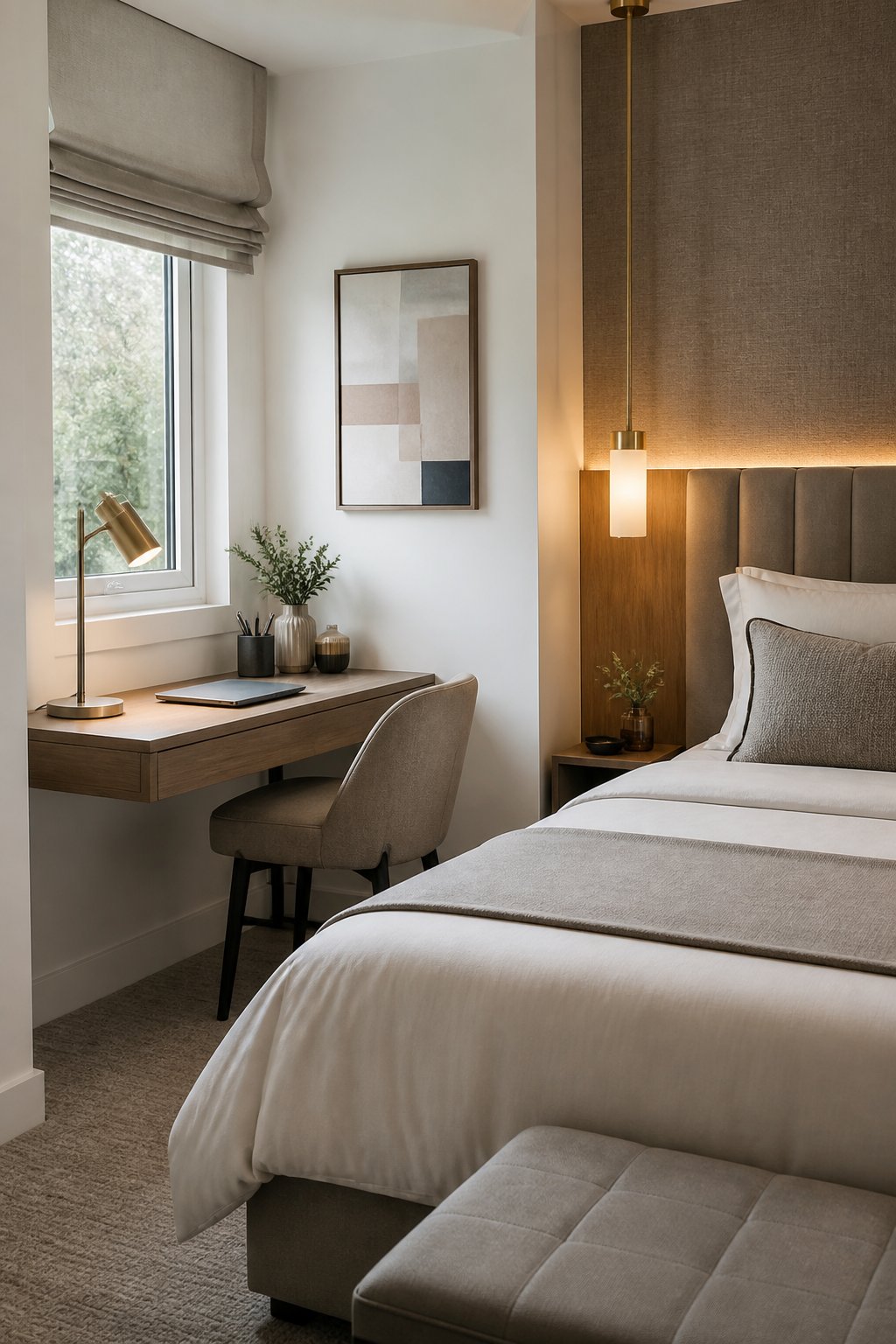A compact floating desk and chair arranged in the corner of a small, neatly styled bedroom.