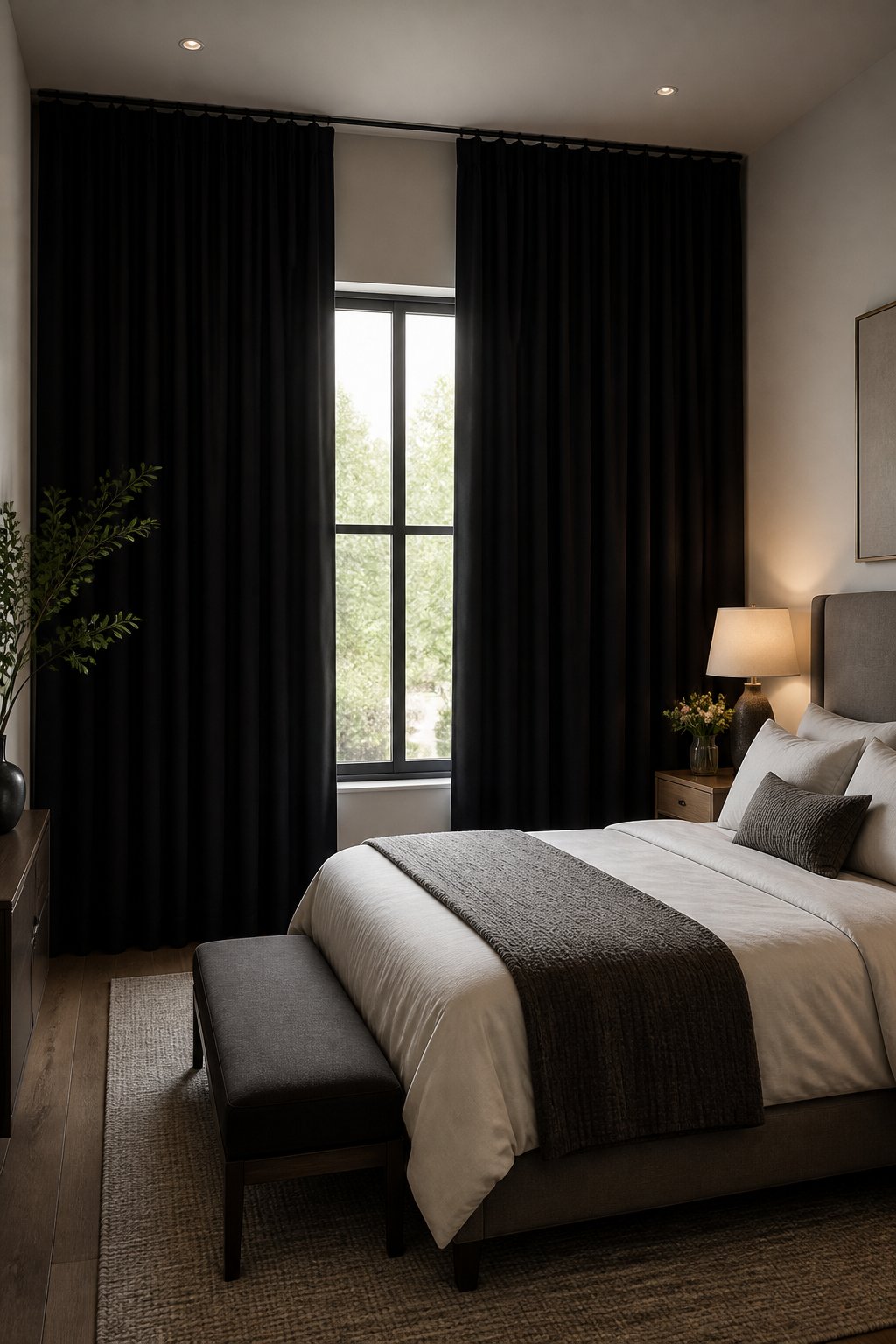 A small stylish bedroom with full-length black curtains hanging above a window.