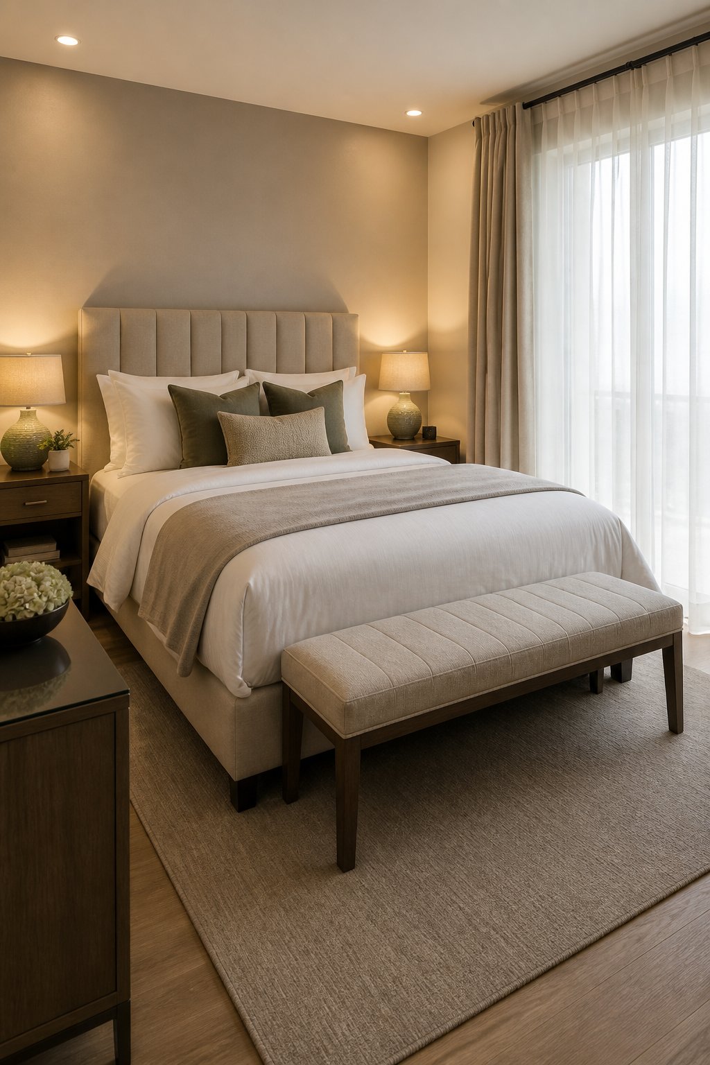 A small bedroom with a slim upholstered bench at the foot of a neatly made bed.