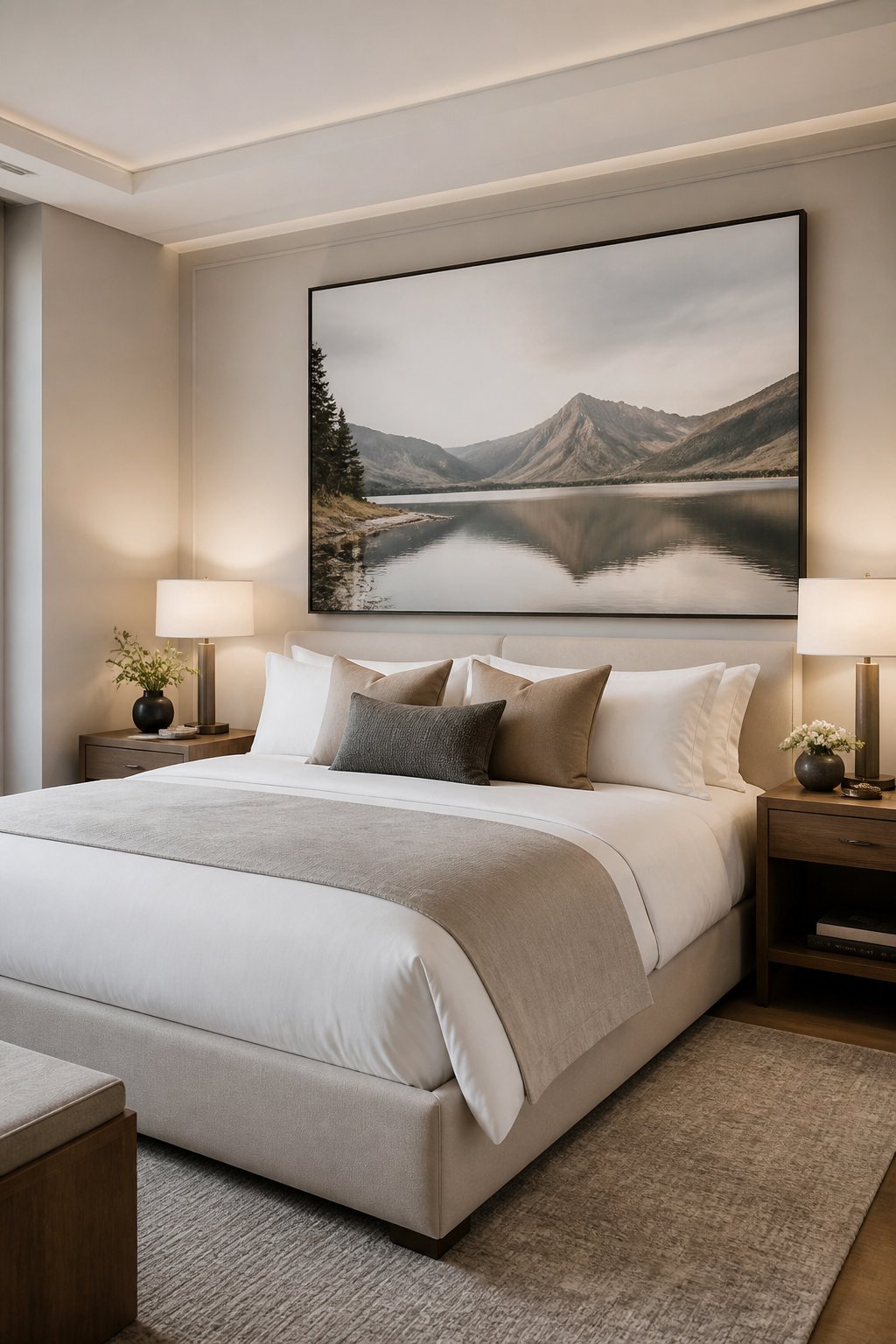 A small elegant bedroom with a large framed landscape print above the bed.