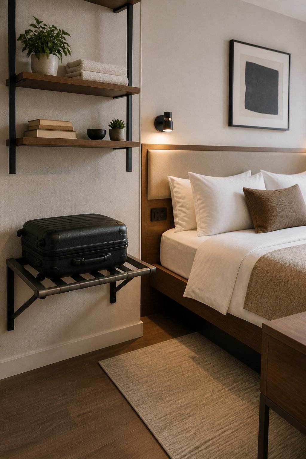 A compact bedroom with a wall-mounted luggage rack, open shelves, and a neatly made bed.