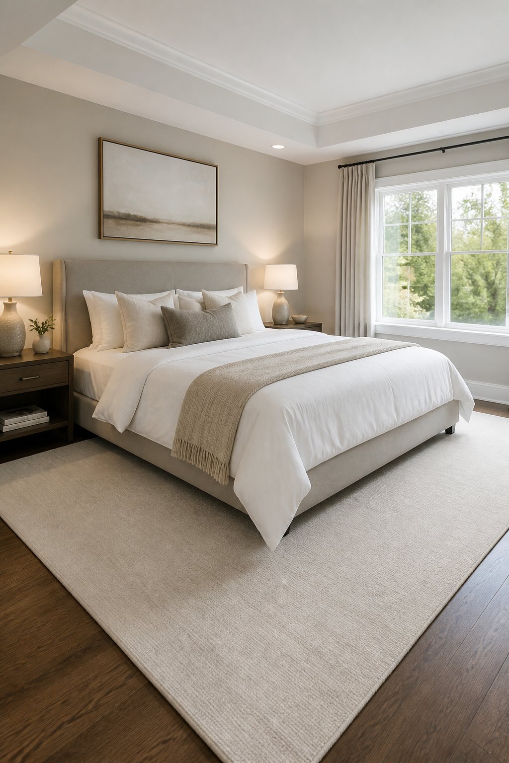 A small bedroom with a neatly made bed centered on a low-pile area rug.