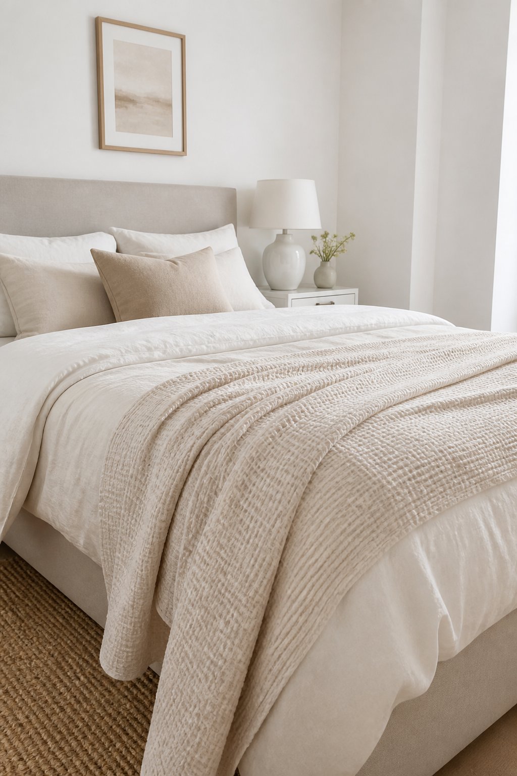 A small white-walled bedroom with a bed layered in ivory linen bedding and a waffle-weave coverlet.