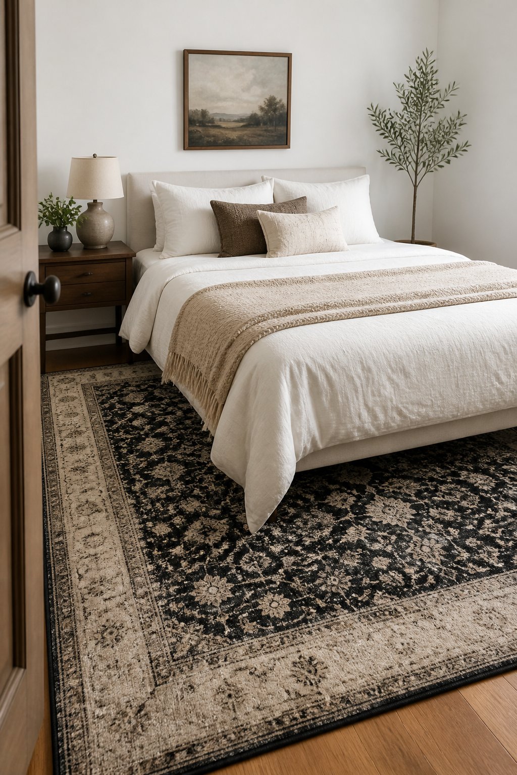 A small bedroom with white walls, a neatly made bed, and a black-and-cream patterned rug beneath it.