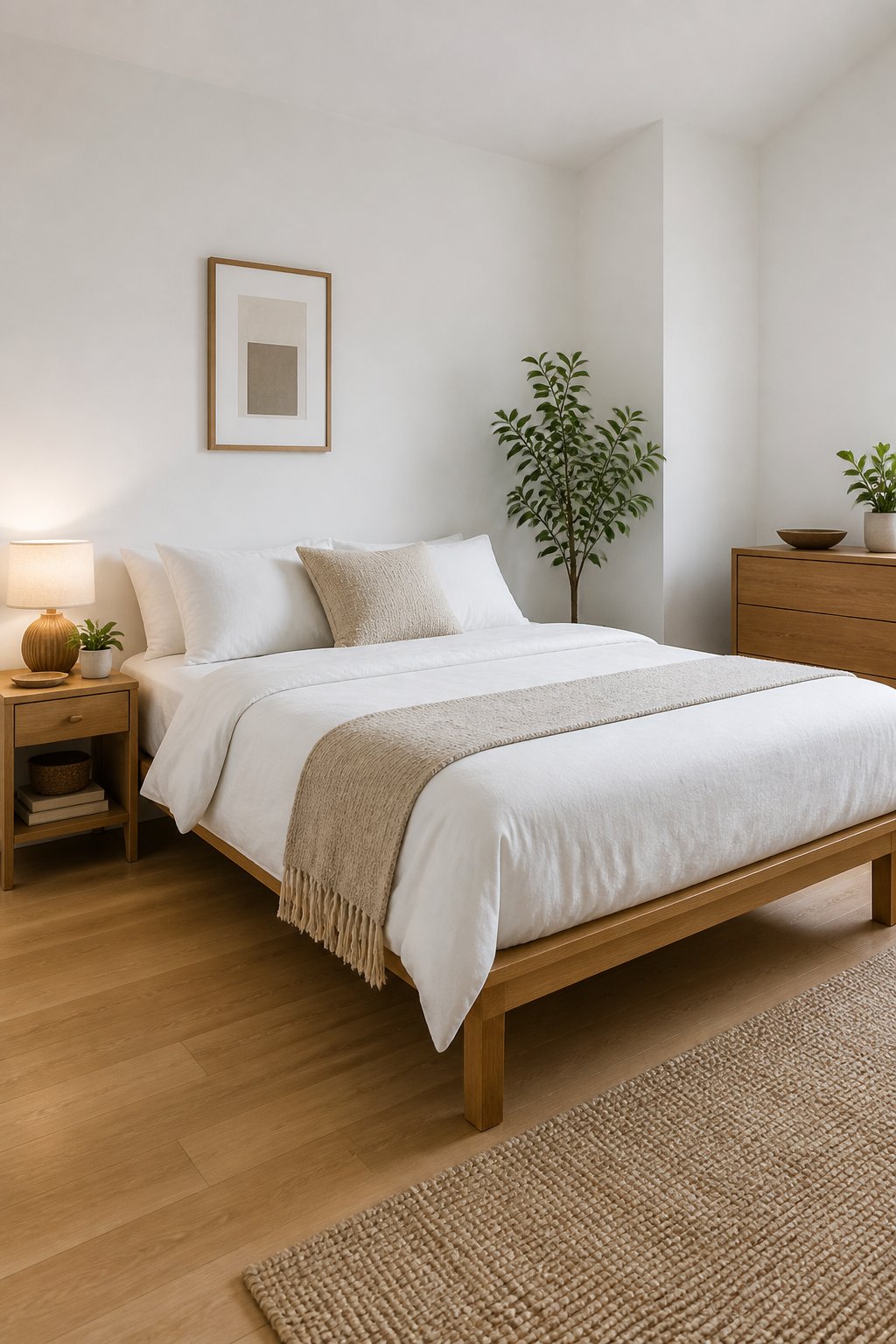 A small bright bedroom with white walls, a slim oak platform bed, and exposed wooden legs.