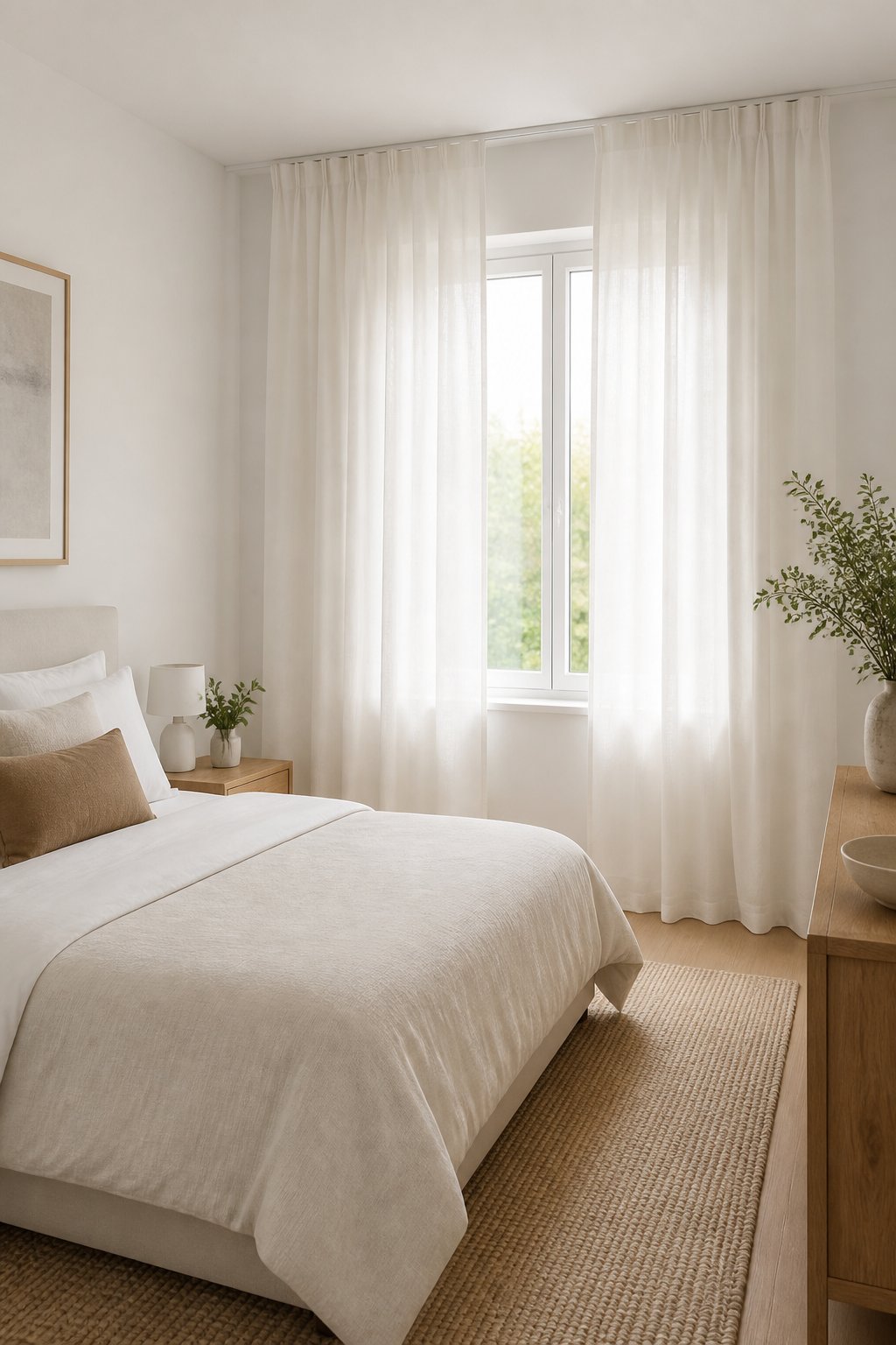 A small white bedroom with floor-length linen curtains framing a sunlit window.