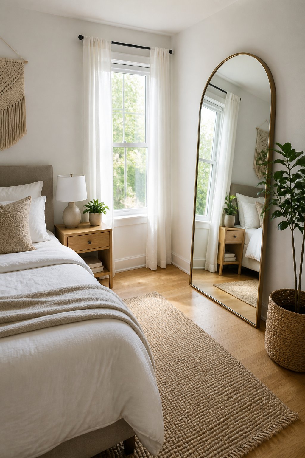 Small white bedroom with a full-length arched mirror opposite a bright window.